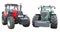 Abstract modern powerful red and green tractors isolated over white