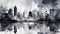 Abstract monochrome cityscape with ink splatter and reflection, urban skyline illustration