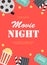 Abstract Movie Night Cinema Flat Background with Reel, Old Style Ticket, Big Pop Corn and Clapper Symbol Icons. Vector