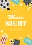 Abstract Movie Night Cinema Flat Background with Reel, Old Style Ticket, Big Pop Corn and Clapper Symbol Icons. Vector