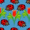 Abstract multicolored bright seamless pattern in the form of flowers of tulips and ladybugs insects. Design for wallpaper, covers,