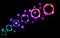 Abstract, multicolored, neon, bright, glowing circles, balls, bubbles, planets with stars on a black background of space. The back