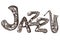 Abstract musical design with a trumpet from diamond pattern and Jazz lettering, notes and waves.