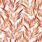 Abstract Nature background. Pattern of Red and orange palm leaves with golden lines on blue background. Watercolor