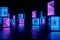 Abstract neon background blue purple neon. Modern design, trend interior, ultraviolet light, nightclub, luminous panels, stage
