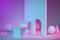 Abstract neon background of geometric shapes with pink, purple, blue lighting. The podium for advertising the product. Pedestal