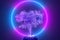 Abstract neon background, mystical cosmic tree sprouting through a round planet in the light of a neon glowing round frame, pink
