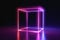 Abstract neon cube brightly shining in dark room. 3D rendered illustration