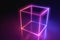 Abstract neon cube brightly shining in dark room. 3D rendered illustration