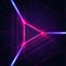 Abstract neon glowing triangle play icon sign on dark purple background with laser grid. Background for electronic music flyer or