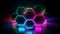 Abstract of neon hexagon shape isolated on space background in reflective colorful spotlight