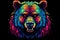 Abstract neon portrait of a bear's head, a grizzly in the style of pop art highlighted on a black background