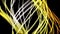 Abstract neon wavy yellow lines flowing on black background, seamless loop. Animation. Shining golden curved stripes