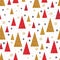 Abstract new year holiday seamless pattern in vector. Geometric forest. Christmas trees and snowflakes gold and red. Simple