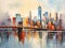 Abstract New York Brooklyn bridge cityscape painting, oil on canvas, artistic city background, wall art