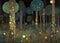 Abstract night time magical forest with golden jeweled trees and flowers created in the style of Klimpt