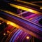 Abstract night view of highway interchange with moving cars. Hon