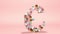Abstract number digit 6 six with beads pearls balls on pink background animation