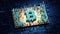 Abstract numbers Random motion in the form of coins bitcoin. Blue background 4K