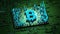 Abstract numbers Random motion in the form of coins bitcoin, Green color 4K