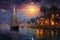 Abstract oil painting of city landscape on the river with sailboats at night wall painting