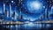 Abstract oil painting of city night landscape with blue light. Hand drawn illustration. Modern art