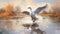 Abstract Oil Painting Of Duck Landing In Marsh