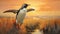 Abstract Oil Painting Of A Penguin Landing In A Marsh