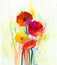Abstract oil painting of spring flowers. Still life of yellow and red gerbera flowers