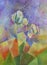 Abstract oil painting with tulips, bottom geometric shapes, shards