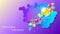 Abstract orange sparkling bubbles and clouds banner on a purple gradient background