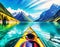 Abstract Outdoor Nature Selfie Canoeing Kayaking on Sunny Day on Lake Sea with Mountain View on digital art concept, Generative AI