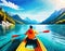 Abstract Outdoor Nature Selfie Canoeing Kayaking on Sunny Day on Lake Sea with Mountain View on digital art concept, Generative AI