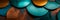 Abstract overlapping circles in various metallic finishes copper, brass, and bronze against a dark teal background.