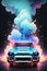 An abstract painting of a car made of smoke, dreamlike, colorful, wallart design, fantasy, artwork