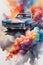 An abstract painting of dreamlike, colorful, a car made of smoke, watercolor, studio photo, wallart design, artwork
