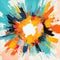 abstract painting with an explosion of colors, white center with flowers radiating outwards, applied in a splash pattern