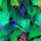 Abstract painting seamless pattern. Free hand colorful background with jungle motif. Hand drawn tropical background.