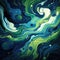 Abstract painting with swirling green and blue lines on a cosmic landscape