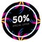 Abstract palm leafs with spectrum gradient. Sticker. Fifty percent off. Special offer. Summer sale banner. Black frame. Dark style