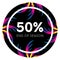 Abstract palm leafs with spectrum gradient. Sticker. Fifty percent off. Special offer. Summer sale banner. End of season. Black fr