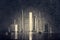 Abstract panorama of city illuminated by bright light with reflection, made by metal bolt, staples for paper stapler and