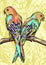 Abstract parrots, stylized animal. Motley multicolored birds in graphically style sitting on a branch, on the texture