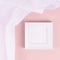 Abstract pastel pink interior with white blank square photo frame for text, design, poster, pictures with flow silk curtain.