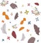 Abstract pattern of autumnal leaves, twigs and flowers