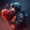 An abstract person in a protective spacesuit with a large flowers heart in his hands. Valentines day concept. Created with