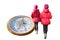 Abstract photo with image of girl in red jacket near large round classic compass