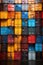 Abstract photo of metal containers filled with goods of various colors neatly arranged in a harbor