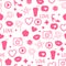 Abstract pink icon texture. Vector Like girly pattern Seamless design surface background. Kiss, like, heart, camera, beauty party.