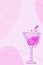 Abstract pink lilac coctail background with space for your text. Mixed drink. Bright cocktail in glass. Flat cartoon